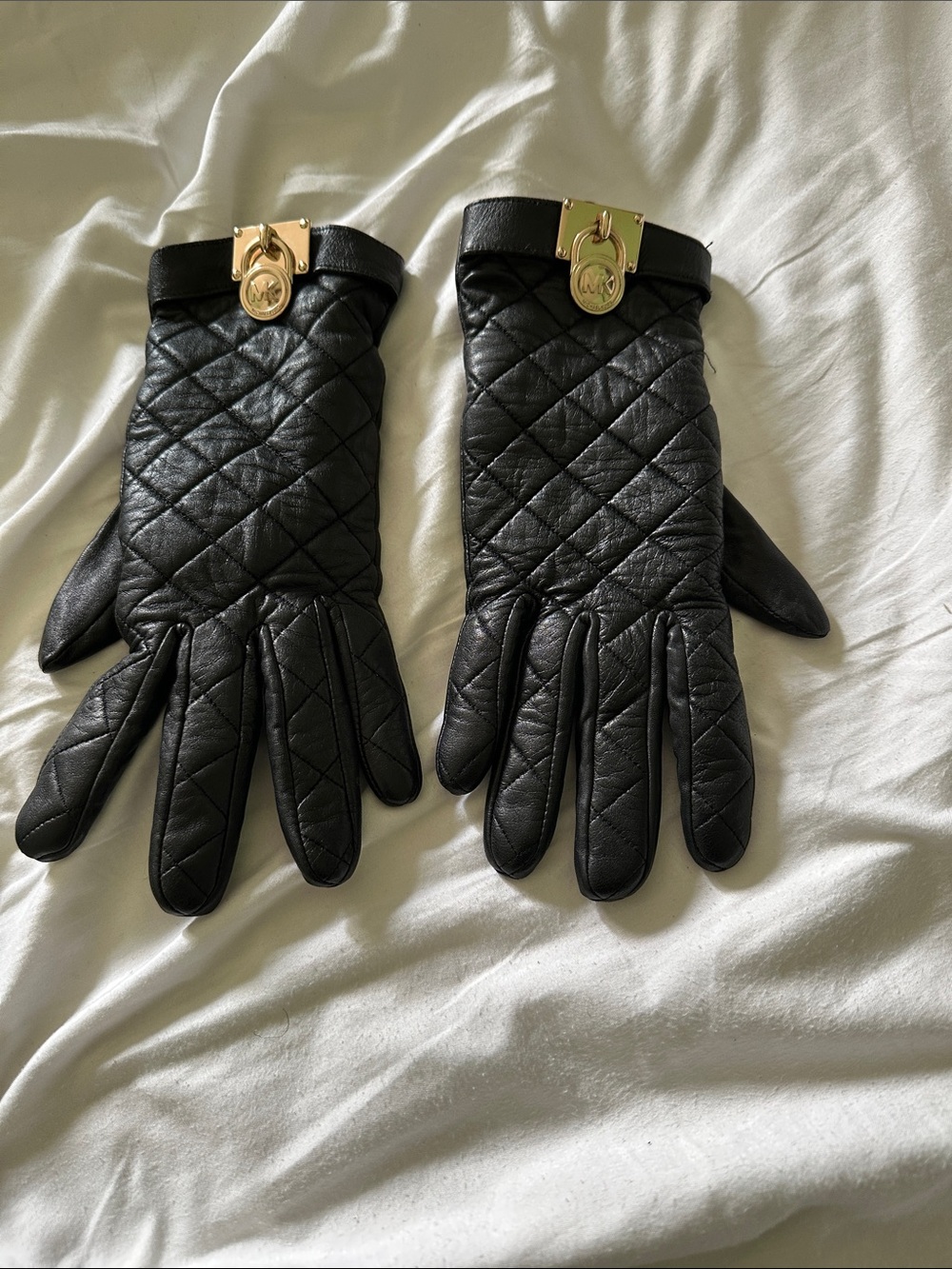 Michael Kors Black Quilted Leather Gloves with Gold Hardware - Picture 2 of 8